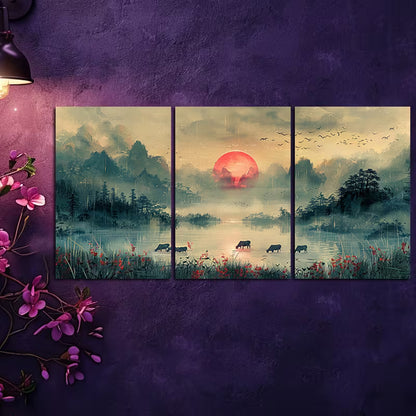 3pcs Pastoral Scene with Cows and Sheep Wall Art Set Canvas Framed 50x70cm - High Quality Print 100% Australian Made Wall Canvas Ready to Hang