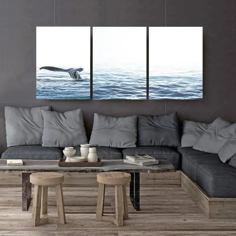 3pcs Whale Tail Ocean Coastal Blue Art Wall Art Set Canvas Framed 40x60cm - High Quality Print 100% Australian Made Wall Canvas Ready to Hang