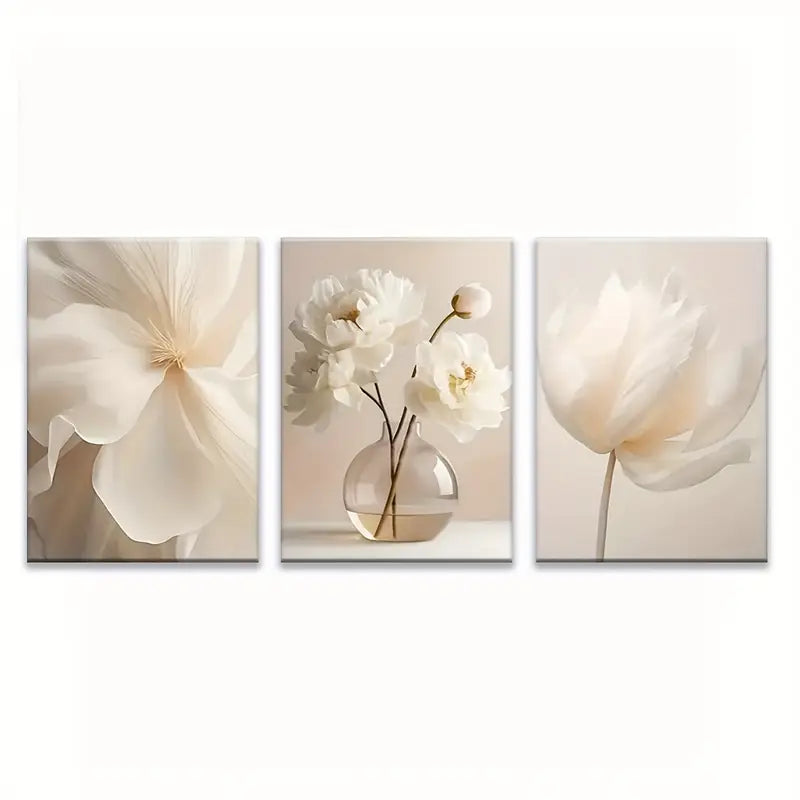 3pcs Simple White Peony Flowers Neutral Metal Print Ready to Hang Art
