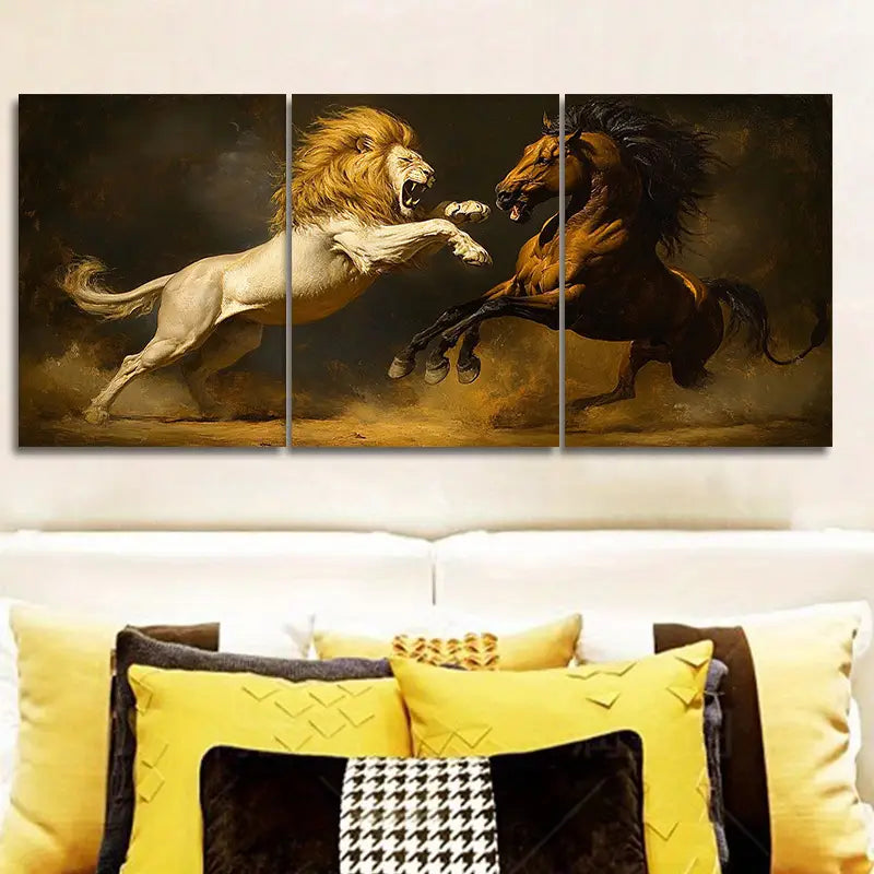 3pcs Modern Lion & Horse Attack Metal Print Ready to Hang Art