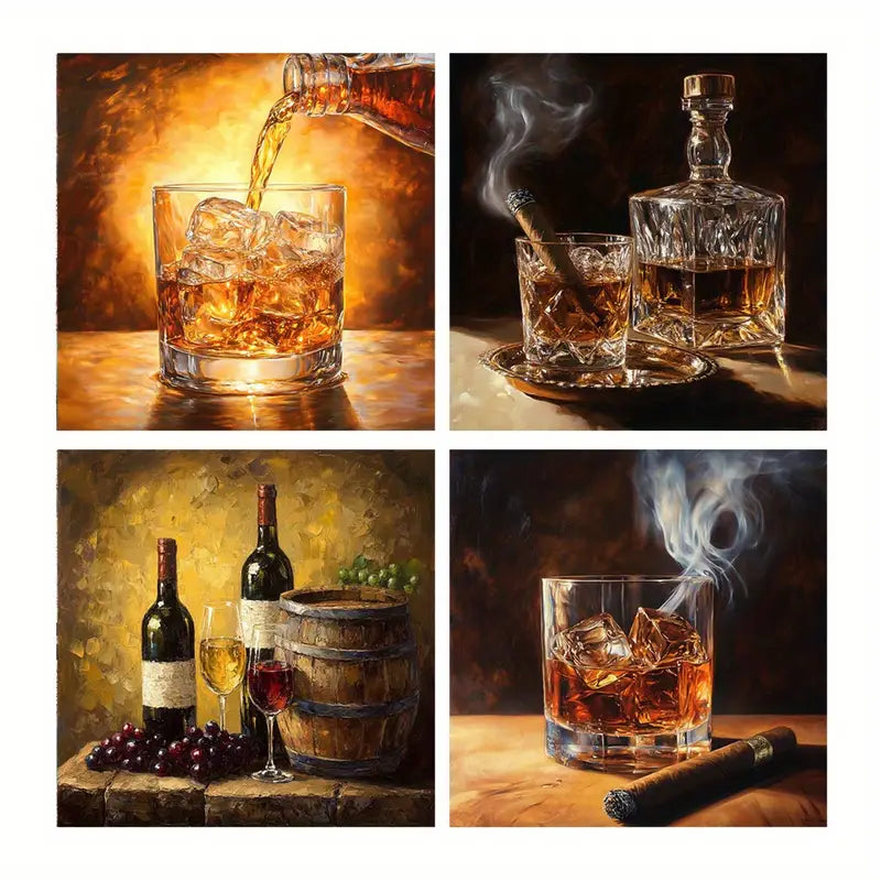 4pcs Whiskey & Wine Canvas Prints Wall Art Canvas Framed