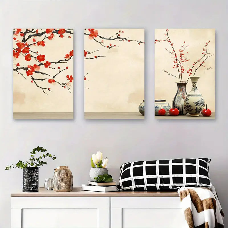 3pcs Chinese Plum Blossom & Vase Wall Art Metal Print Ready to Hang Art - Bella Home Decor