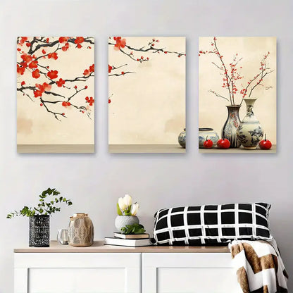 3pcs Chinese Plum Blossom & Vase Wall Art Metal Print Ready to Hang Art - Bella Home Decor