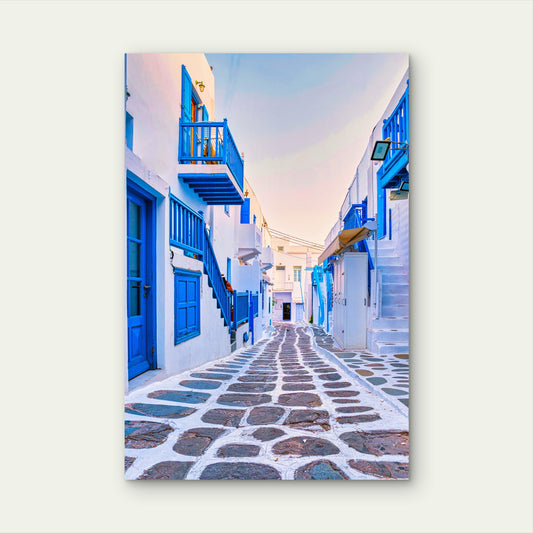 Mykonos Greece Narrow Alley Cobblestone Street 40x60cm Metal Print Ready to Hang