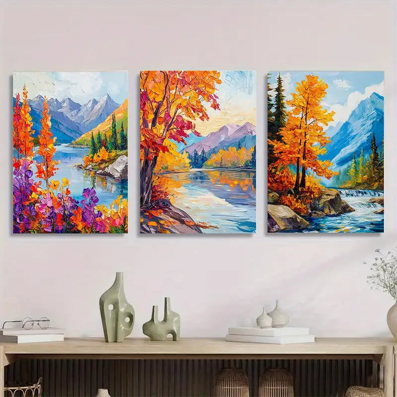 3pcs Vibrant Autumn Scenery Metal Print Ready to Hang Art