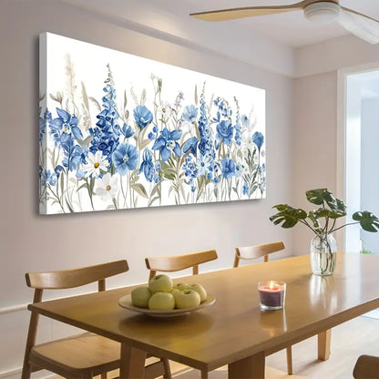 Vibrant Blue Iris & Daisy Modern Botanical Wall Art canvas office home room framed 120x60cm