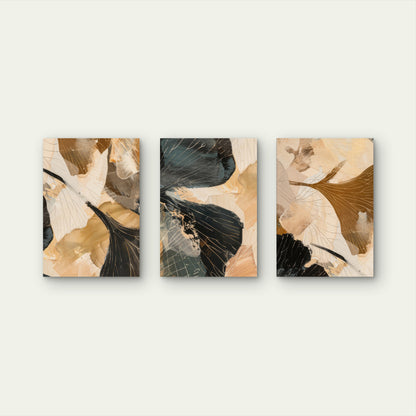 3pcs Beige Black Gold Ginkgo Leaf Modern   Wall Art Set Canvas Framed 50x70cm - High Quality Print 100% Australian Made Wall Canvas Ready to Hang