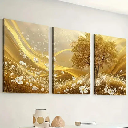3pcs Golden Grassland Light Luxury Art Calm Wall Art Set Canvas Unframed - High Quality Print 100% Australian Made Wall Canvas - Bella Home Decor