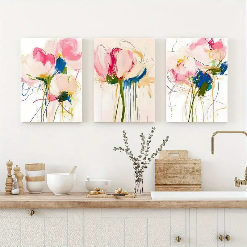 3pcs Waterproof Canvas, Pink, Blue, & Green Flower Metal Print Ready to Hang Art