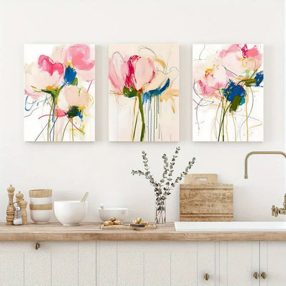 3pcs Waterproof Canvas, Pink, Blue, & Green Flower Metal Print Ready to Hang Art