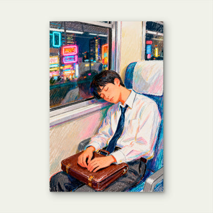 Young Man Asleep on Evening Train Commute 40x60cm Metal Print Ready to Hang
