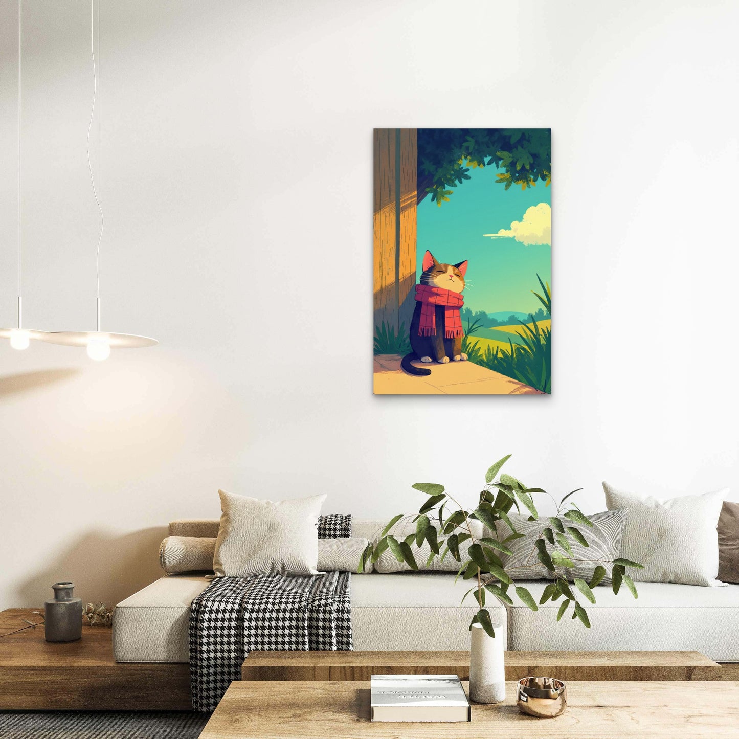 Cozy Cat in Red Scarf Enjoying the Sun 60x90cm Metal Print Ready to Hang