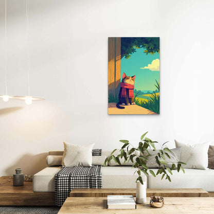 Cozy Cat in Red Scarf Enjoying the Sun 60x90cm Metal Print Ready to Hang