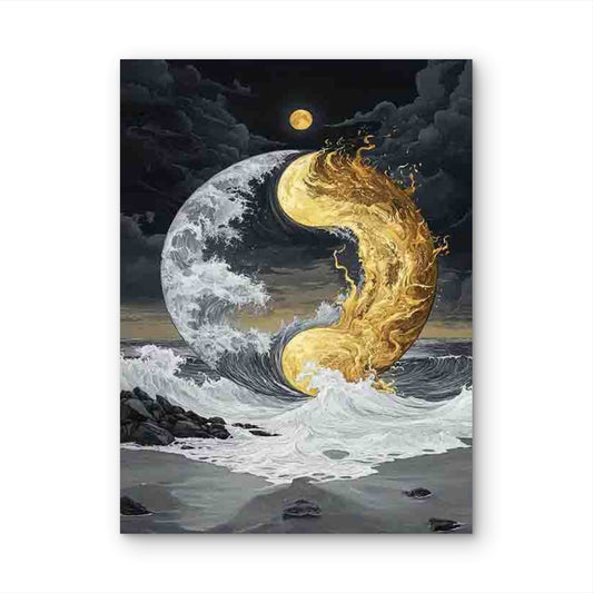 Yang Symbol with Ocean Waves & Golden Clouds 60x90cm Metal Print Ready to Hang
