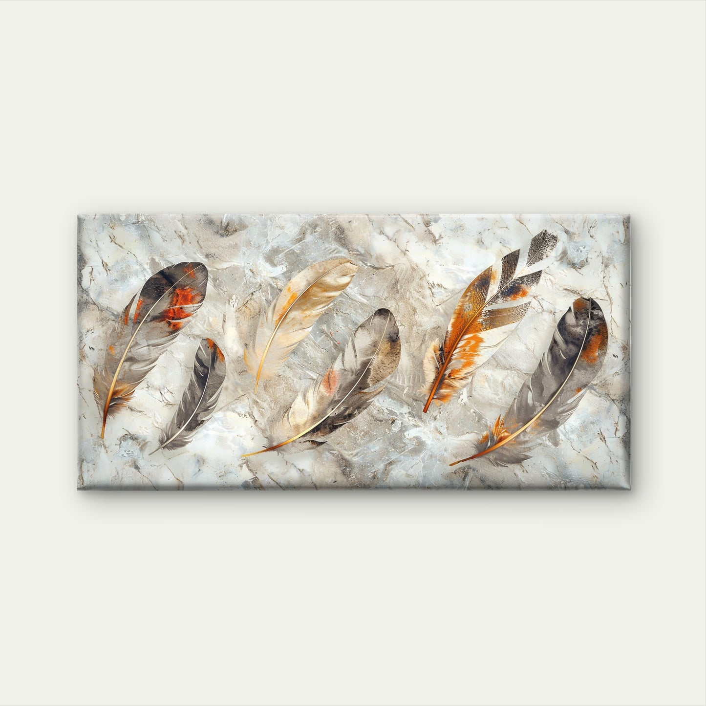 Modern Grey Orange Feathers Wall Art Canvas Office Home Room Framed 120x60cm