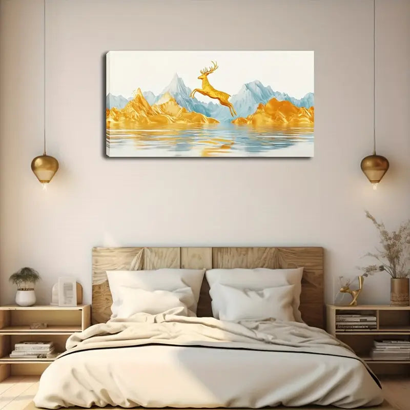 Majestic Golden Deer Jumping Wall Art Canvas Office Home Room Framed 120x60cm - Bella Home Decor