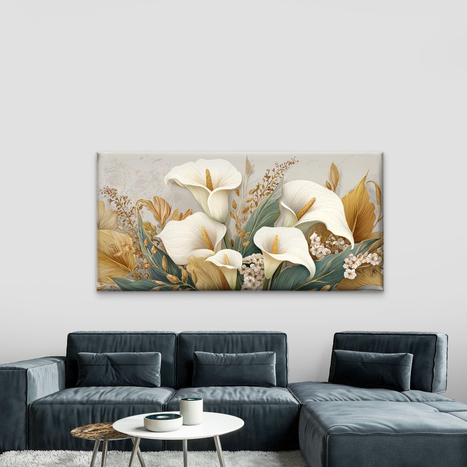 Calla Lilies & Golden Foliage Wall Art Canvas Office Home Room Framed 120x60cm - Bella Home Decor