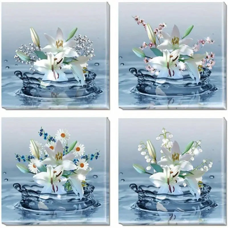 4pcs White Lilies & Greenery Botanical Prints Wall Art Canvas Framed