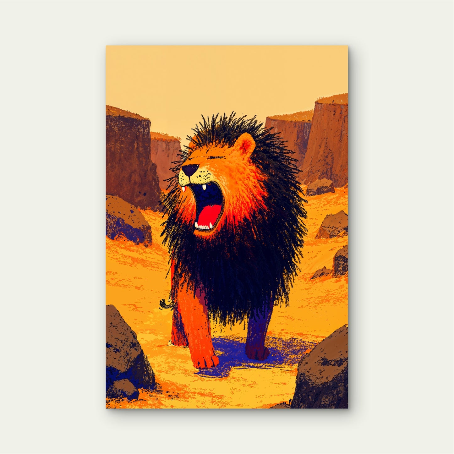 Male Lion with Dark Mane Roaring in Desert 40x60cm Metal Print Ready to Hang