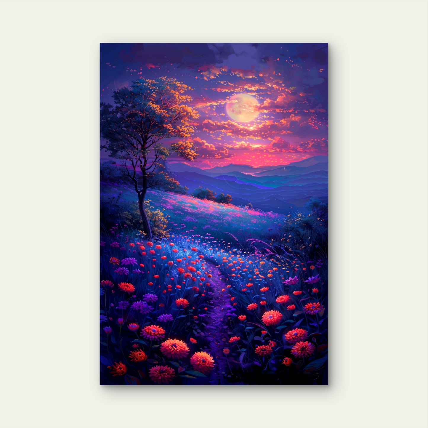 Magical Moonlit Meadow Floral Vibrant Purple Orange 40x60cm Metal Print Ready to Hang