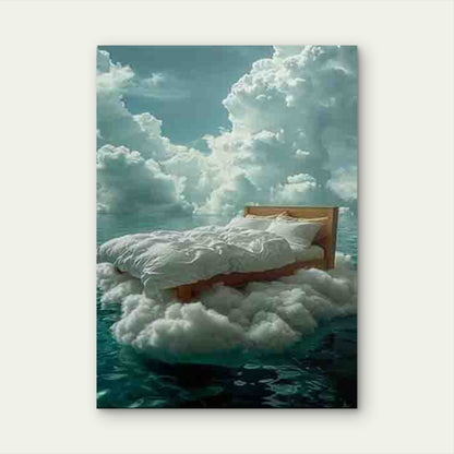 Bed Floating on Clouds Over Sea Metal Print Ready to Hang - Bella Home Decor