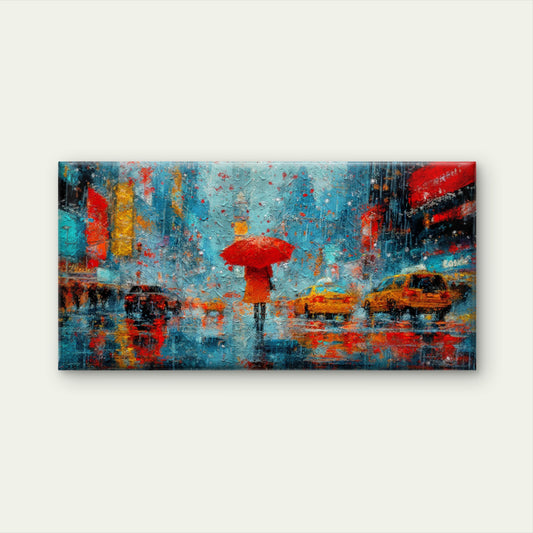 Taxi Red Umbrella Rainy Street Wall Art Canvas Office Home Room Framed 120x60cm