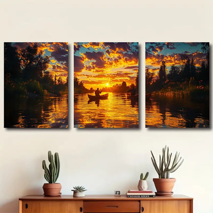 3pcs River at Dusk Tranquil Fishing Scene Wall Art Set Canvas Framed 50x70cm - High Quality Print 100% Australian Made Wall Canvas Ready to Hang
