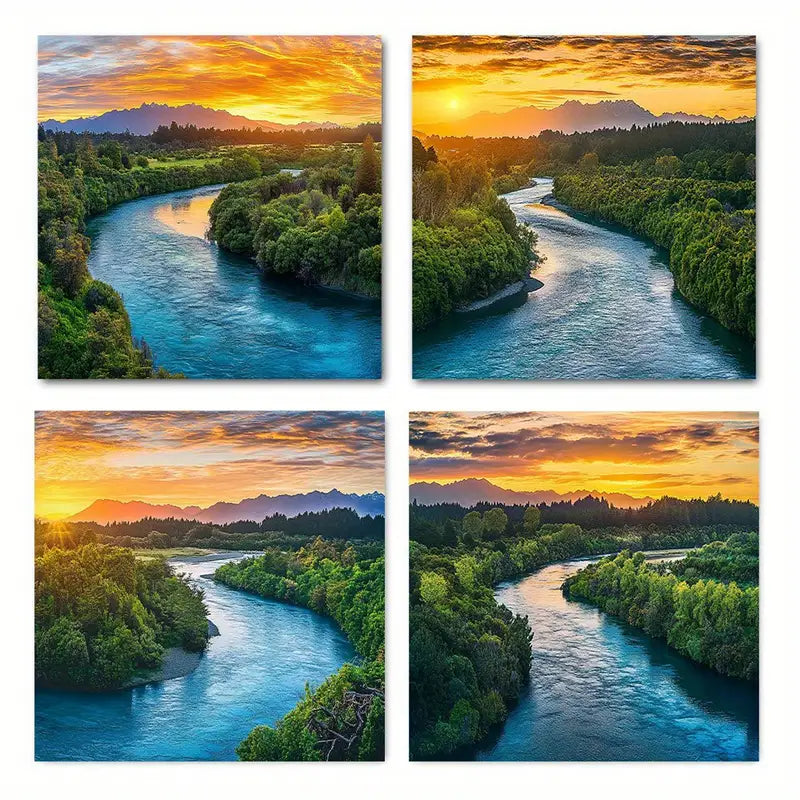 4pcs Serene Green Trees & Streams Sunset Scenes  Wall Art Canvas Framed