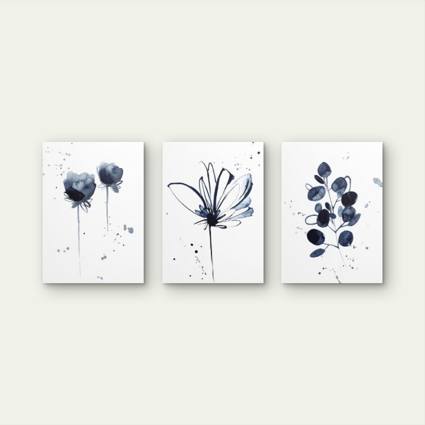 3pcs Navy Blue Watercolor Floral Eucalyptus Wall Art Set Canvas Framed 50x70cm - High Quality Print 100% Australian Made Wall Canvas Ready to Hang - Bella Home Decor