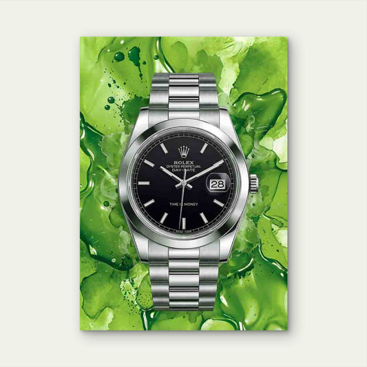 Lime Green Splash Silver Watch 40x60cm Metal Print Ready to Hang