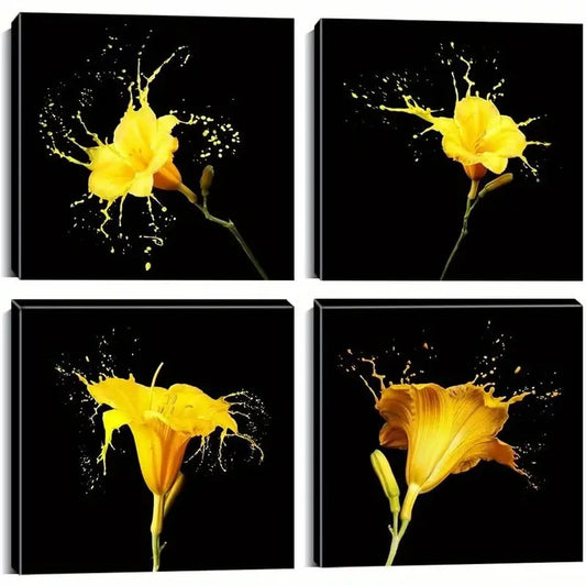 4pcs  Yellow Flower Wall Art Black Wall Art Canvas Framed
