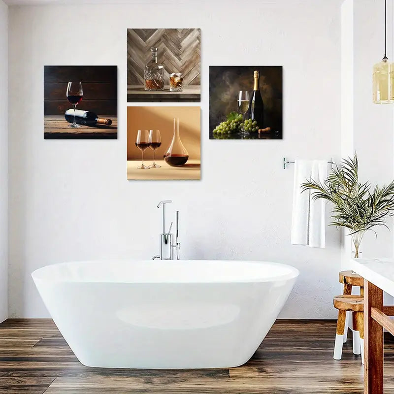 4pcs Whiskey Posters, Wine Glass Wall Art Canvas Framed