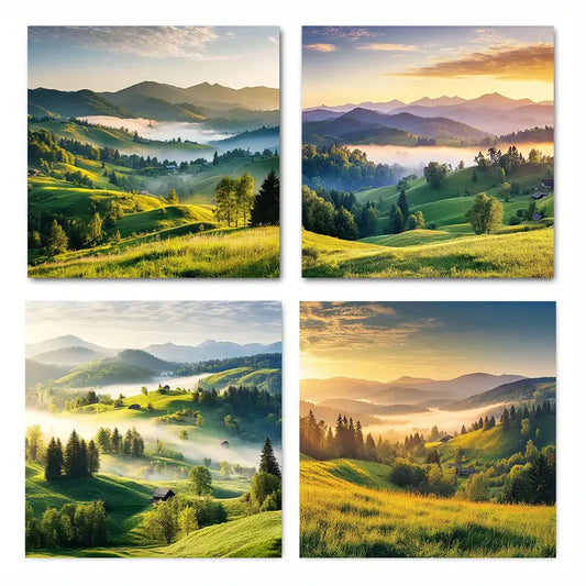 4pcs Green Misty Fores Picture Wall Art Canvas Framed