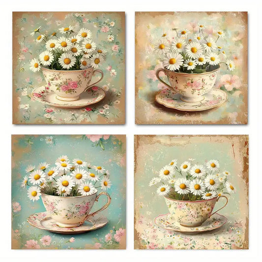 4pcs  Daisies in a cup Themed  YU     Wall Art Canvas Framed
