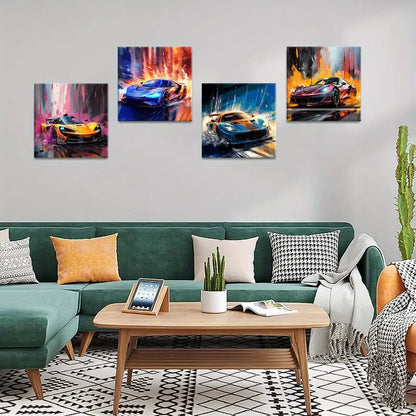 4pcs Orange, Blue,  Red & Black Racing Cars  Wall Art Canvas Framed