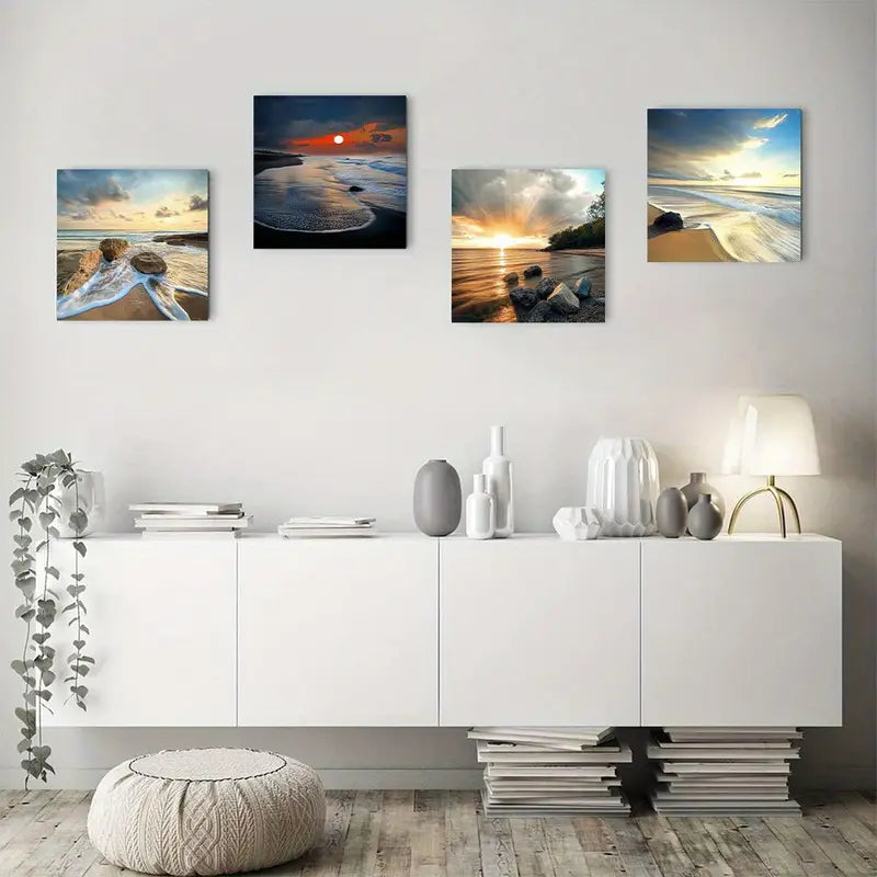 4pcs Modern Beach Sunset Seascape Wall Art Canvas Framed