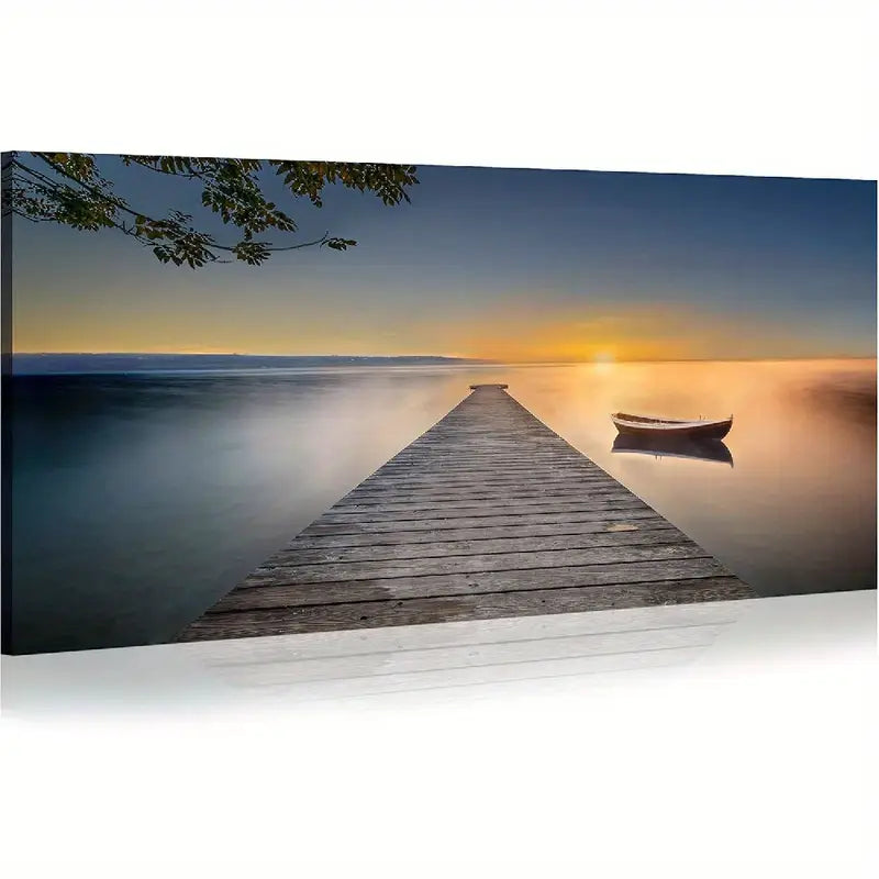 Serene Lake Rustic Pier Dock & Boat Scene Wall Art canvas office home room framed 120x60cm - Bella Home Decor