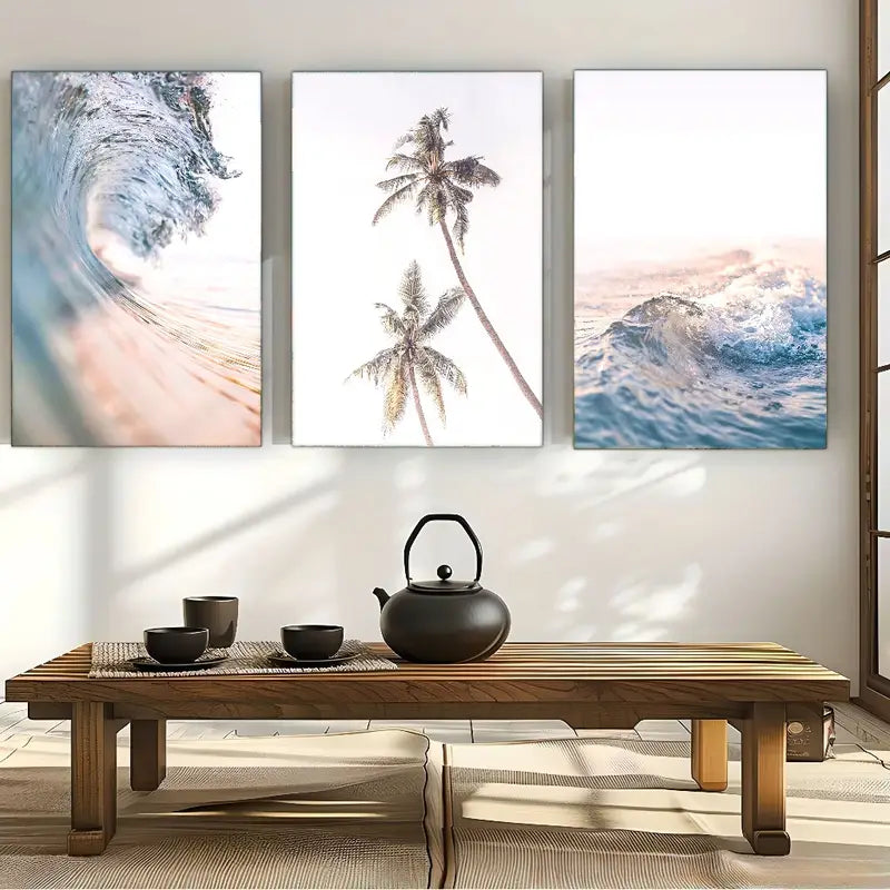 3pcs Ocean Waves & Palm Trees Metal Print Ready to Hang Art
