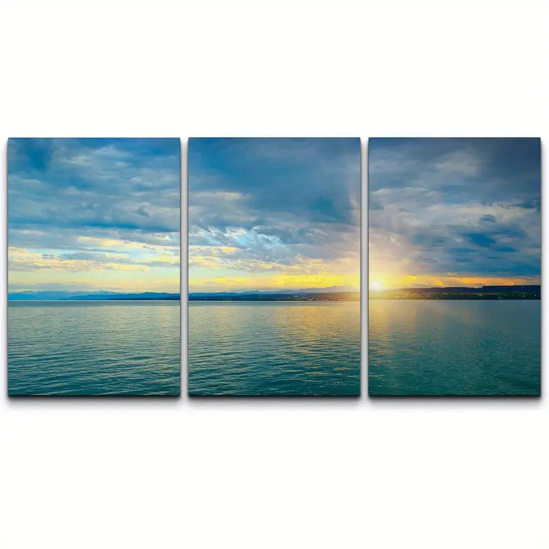 3pcs Dawn Above Sea & Blue Sky Stretched Metal Print Ready to Hang Art - Bella Home Decor