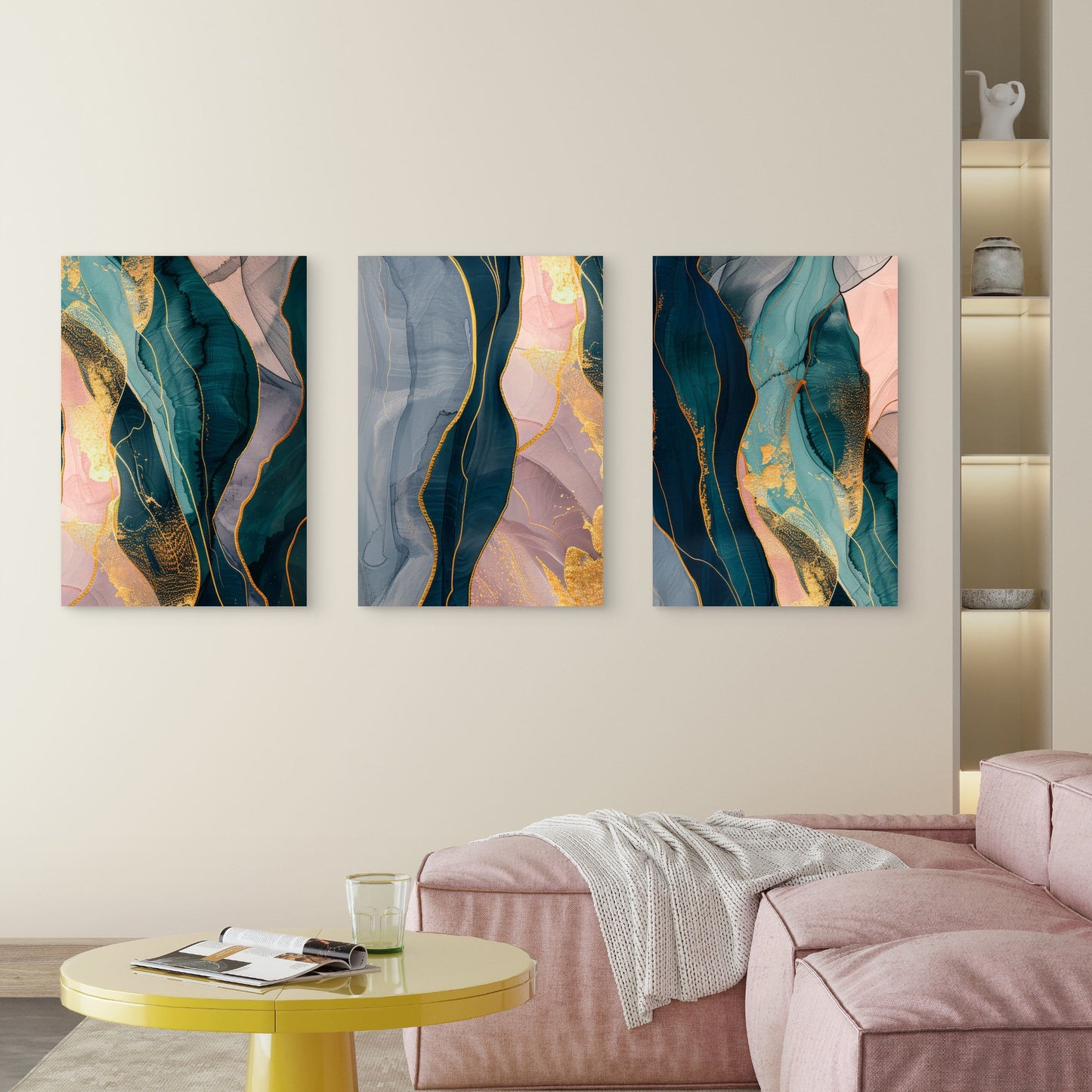 3pcs Teal Pink Abstract Gold Marble Wave  Wall Art Set Canvas Framed 50x70cm - High Quality Print 100% Australian Made Wall Canvas Ready to Hang
