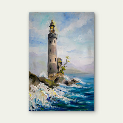 Lighthouse By Sea Oil Painting With Brush Strokes 40x60cm Metal Print Ready to Hang
