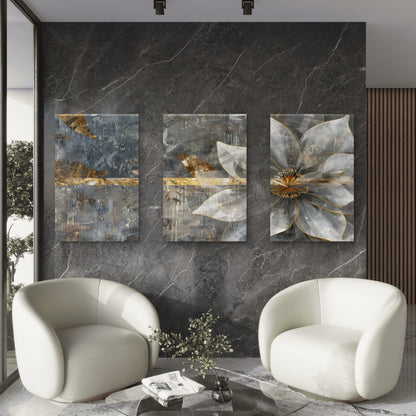3pcs Modern Abstract Gray Gold Flower  Wall Art Set Canvas Framed 40x60cm - High Quality Print 100% Australian Made Wall Canvas Ready to Hang