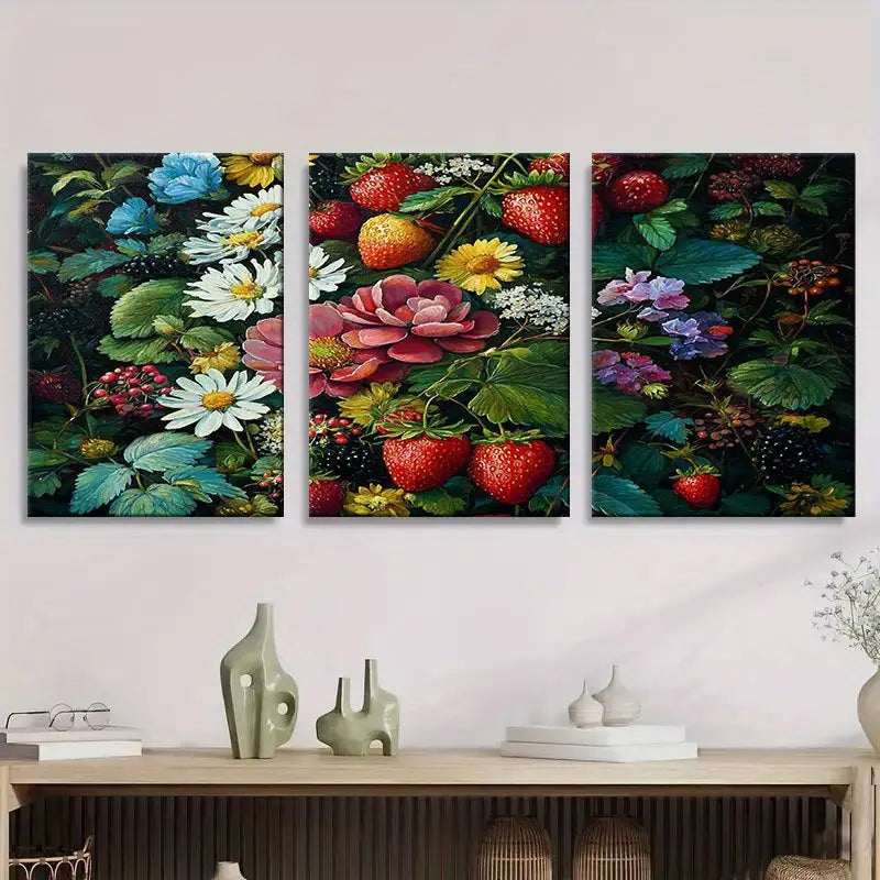 3pcs Vibrant Wildflower & Strawberry Canvas Metal Print Ready to Hang Art