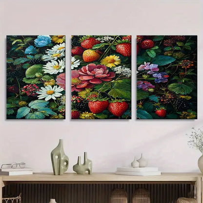 3pcs Vibrant Wildflower & Strawberry Canvas Metal Print Ready to Hang Art