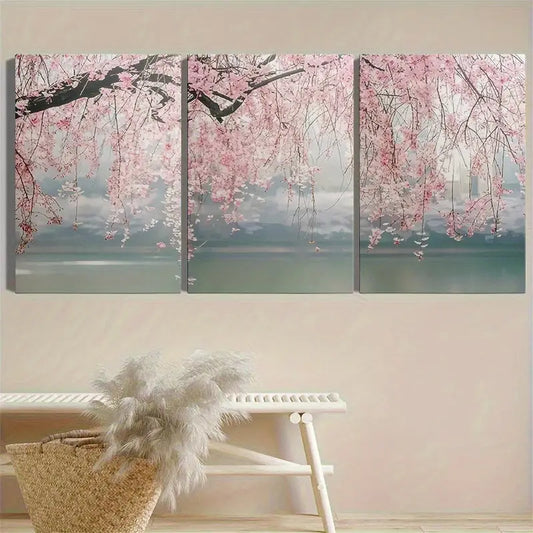 3pcs Pink Willow Landscape Art Metal Print Ready to Hang Art