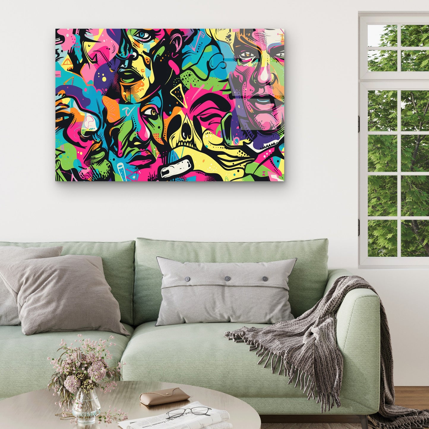 Vibrant Pop Art Graffiti Faces Collage Neon Colors Acrylic Glass Printing Wall Art Australian Made Quality