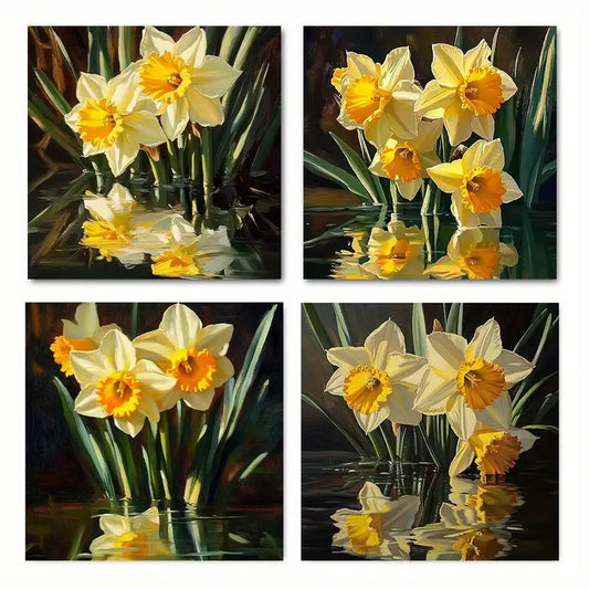 4pcs Daffodils On Water Floral Decor, Vibrant Ye Wall Art Canvas Framed
