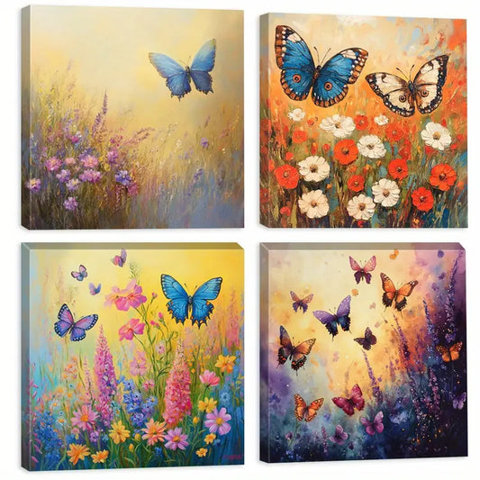 4pcs Wildflowers   Butterfly  Vibrant Colors  Wall Art Canvas Framed