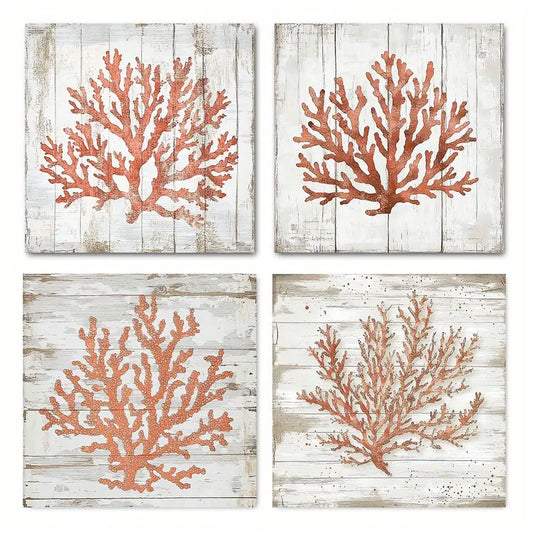 4pcs Orange Coral Beac   OCB Wall Art WD  Wall Art Canvas Framed
