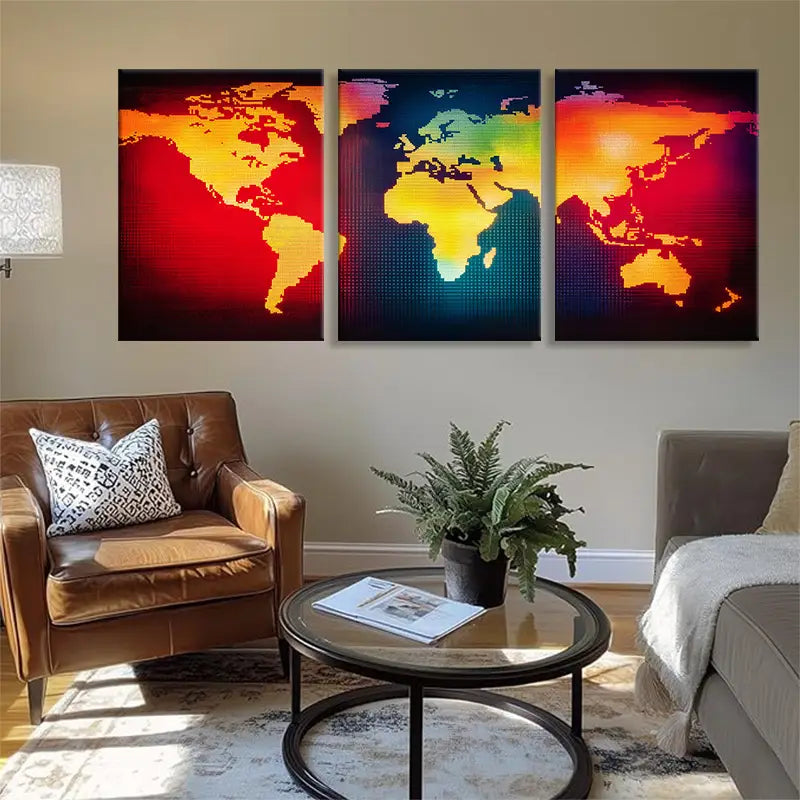 3pcs Geometric World Map Wall Art Set Metal Print Ready to Hang Art - Bella Home Decor